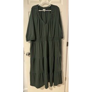 Terra & Sky Knit Peasant Maxi Dress Plus Size 4X Pockets Stretch Dark Green